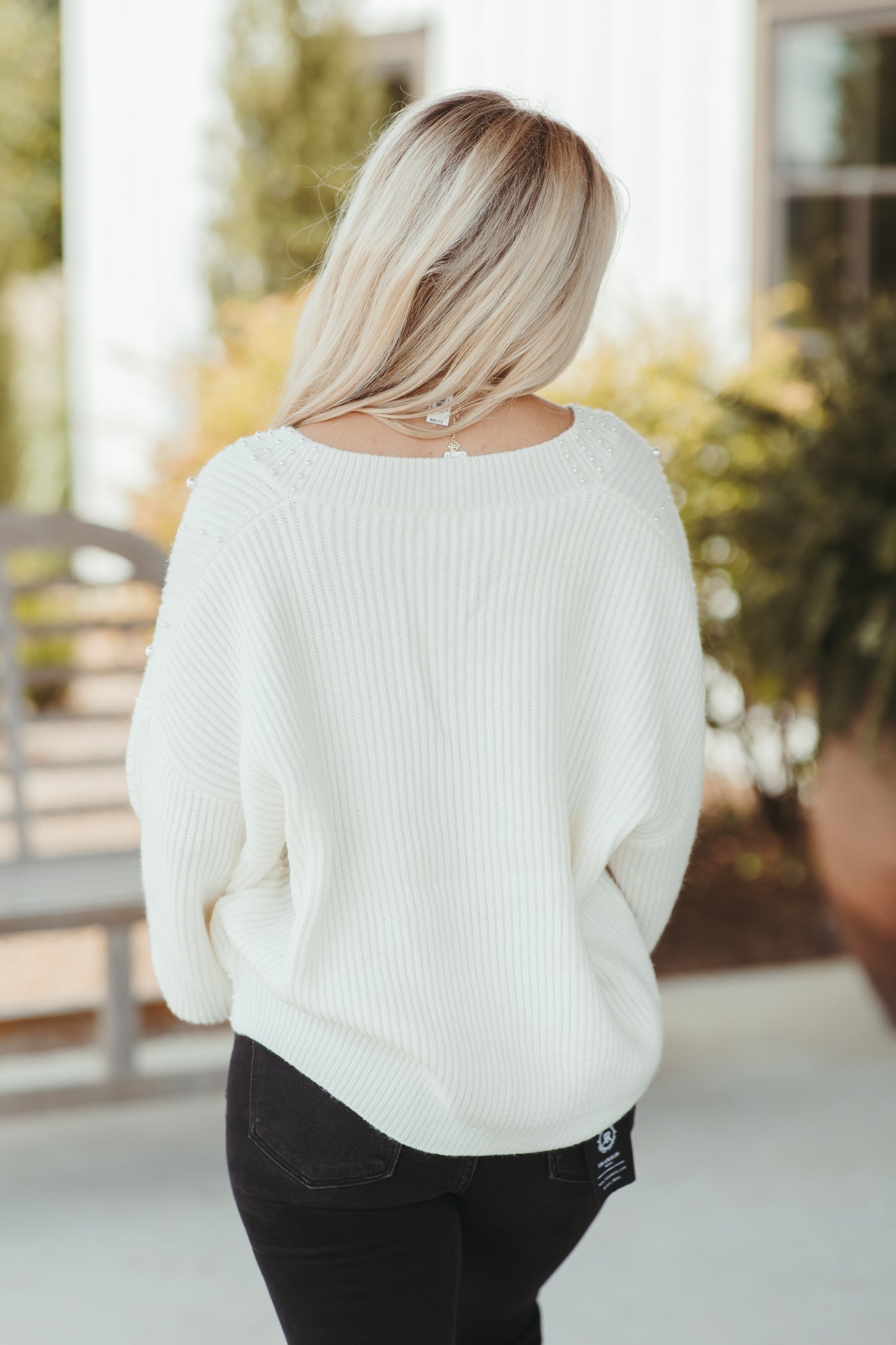 Ivory V-Neck Long Sleeve Pearl Trim Sweater