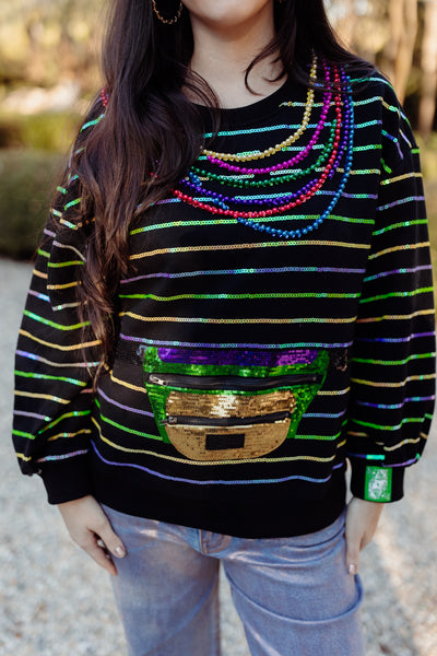 Queen of Sparkles Black Oversized Stripe Fanny Pack & Mardi Gras Bead