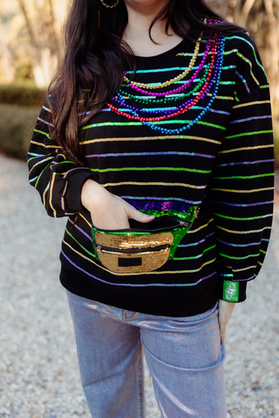 Queen of Sparkles Black Oversized Stripe Fanny Pack & Mardi Gras Bead