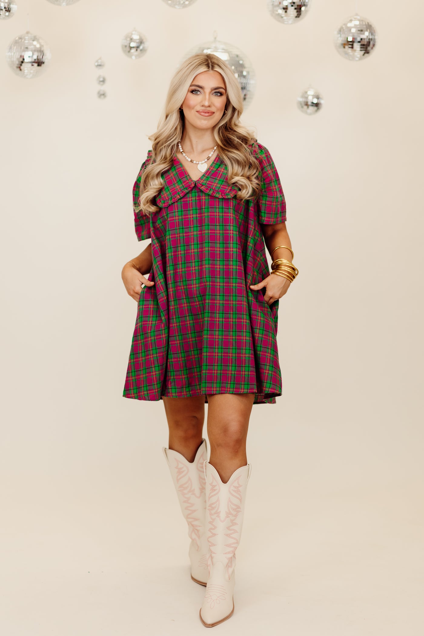 Magenta Plaid Short Sleeve Overlay Collar Mini Dress