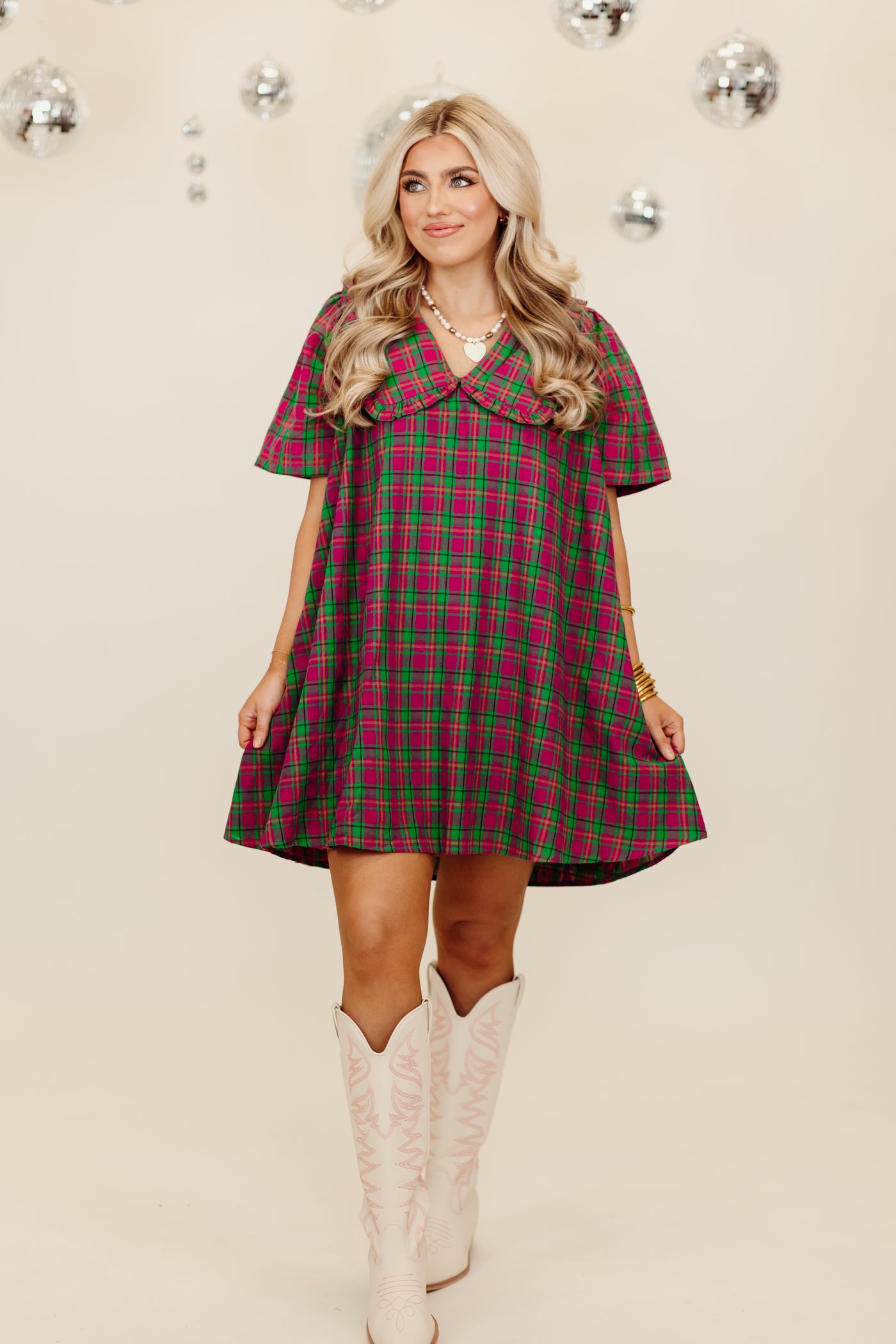 Magenta Plaid Short Sleeve Overlay Collar Mini Dress