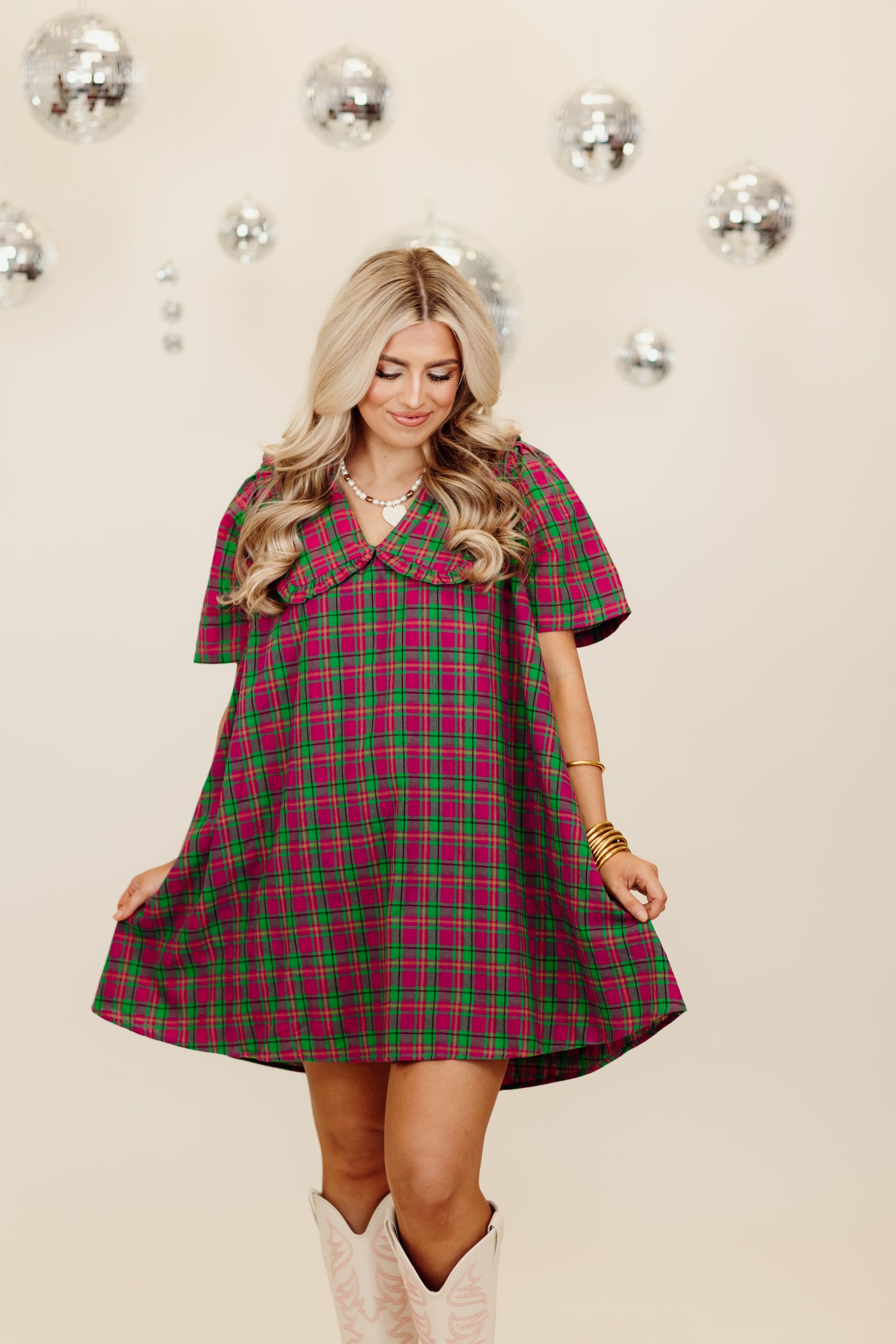 Magenta Plaid Short Sleeve Overlay Collar Mini Dress