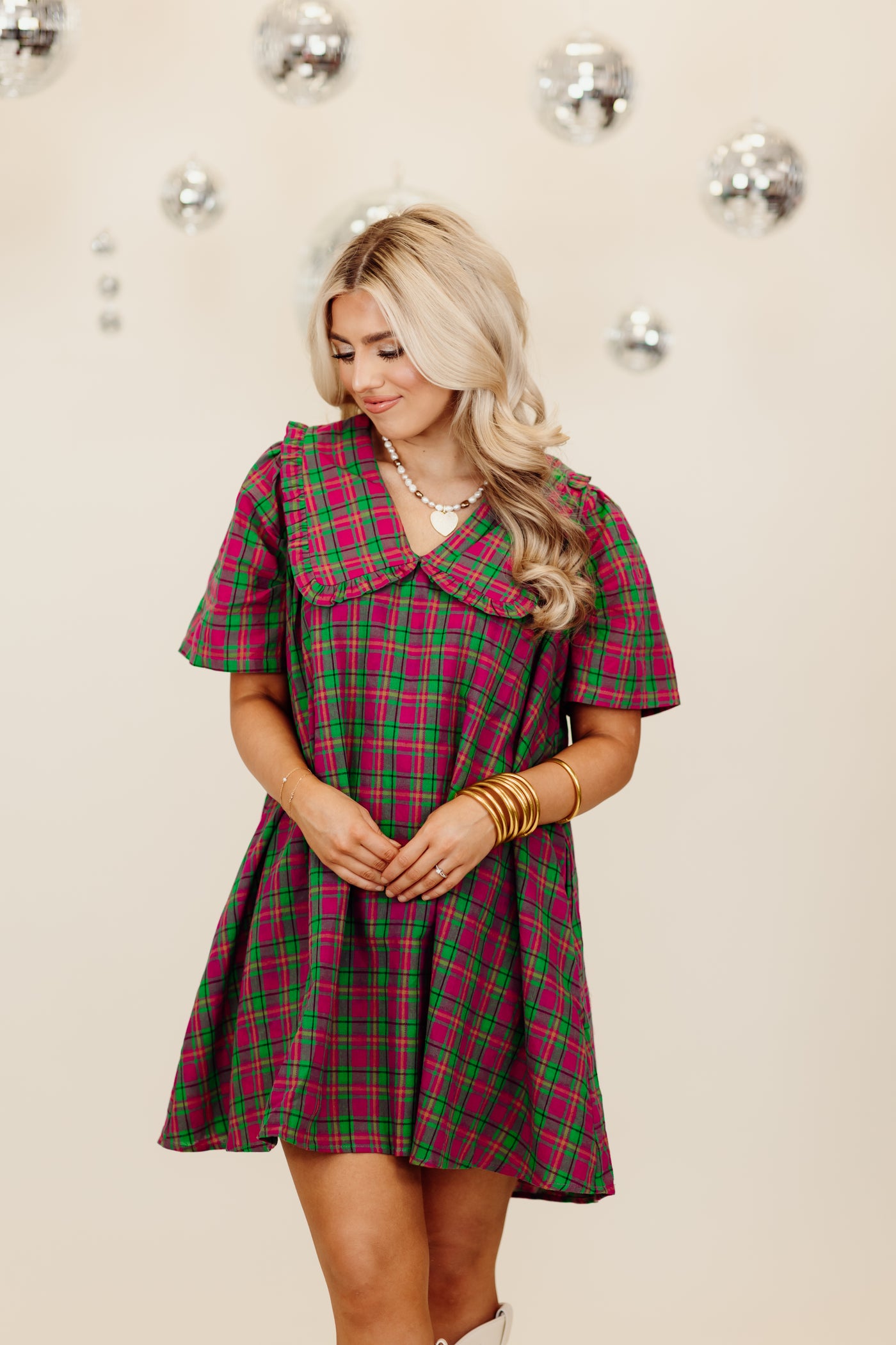 Magenta Plaid Short Sleeve Overlay Collar Mini Dress