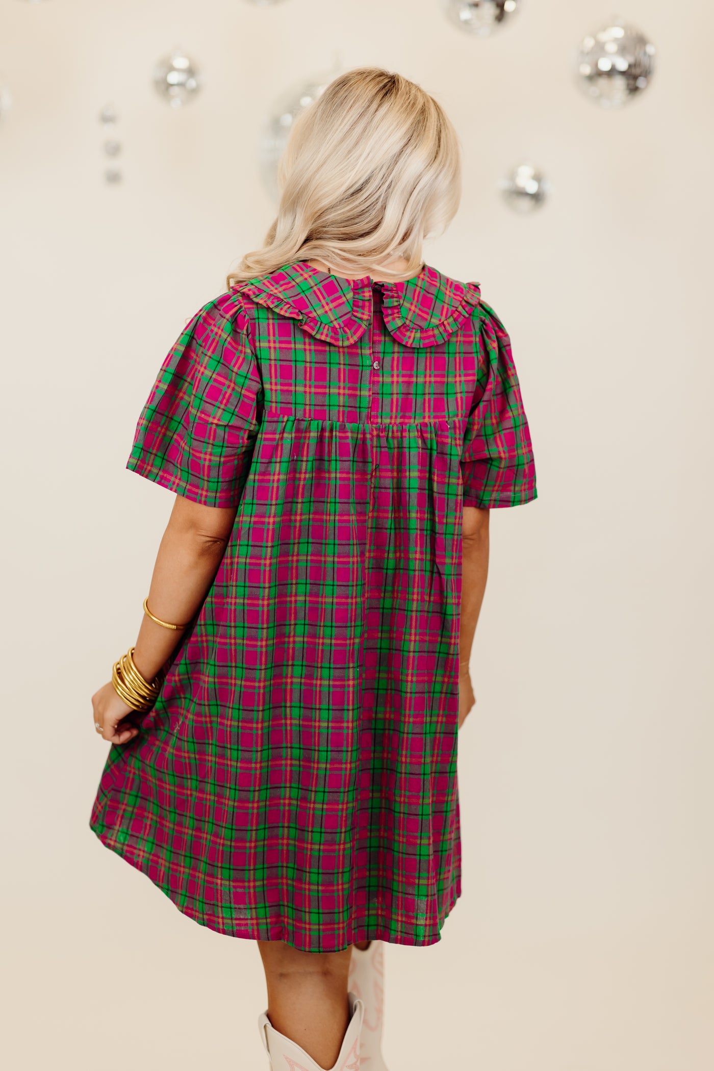 Magenta Plaid Short Sleeve Overlay Collar Mini Dress