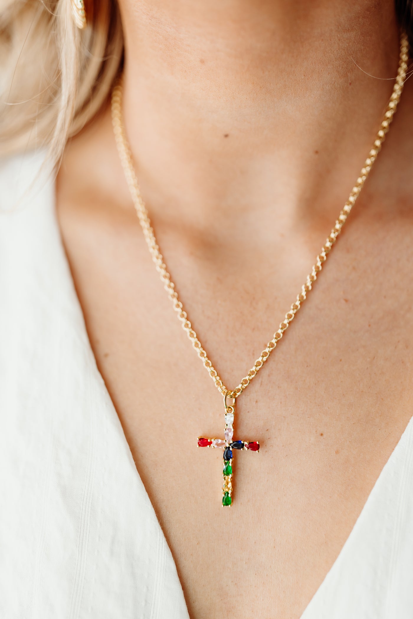 Gold Multicolor CZ Cross Necklace