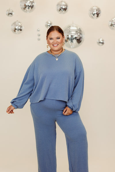 Cornflower Blue Oversized Ribbed Long Sleeve Top and Pant Set