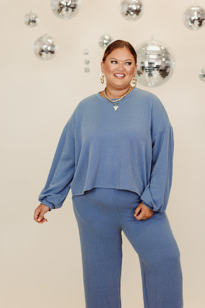 Cornflower Blue Oversized Ribbed Long Sleeve Top and Pant Set