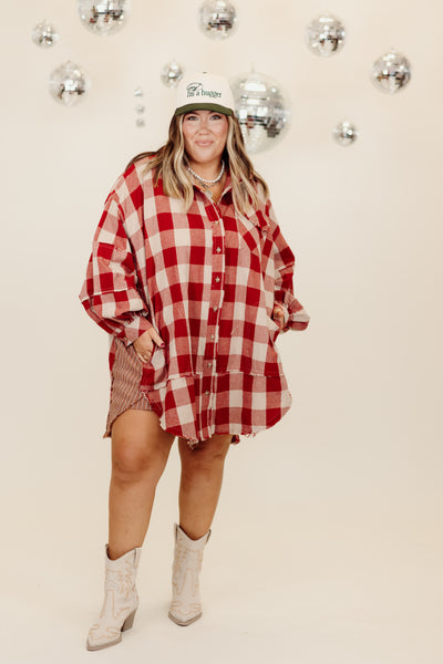 Boho Red Plaid Button Down Tunic Dress