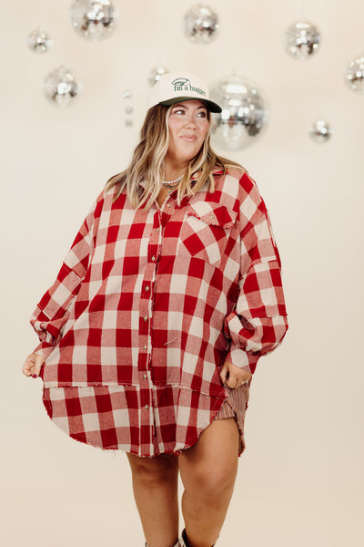 Boho Red Plaid Button Down Tunic Dress