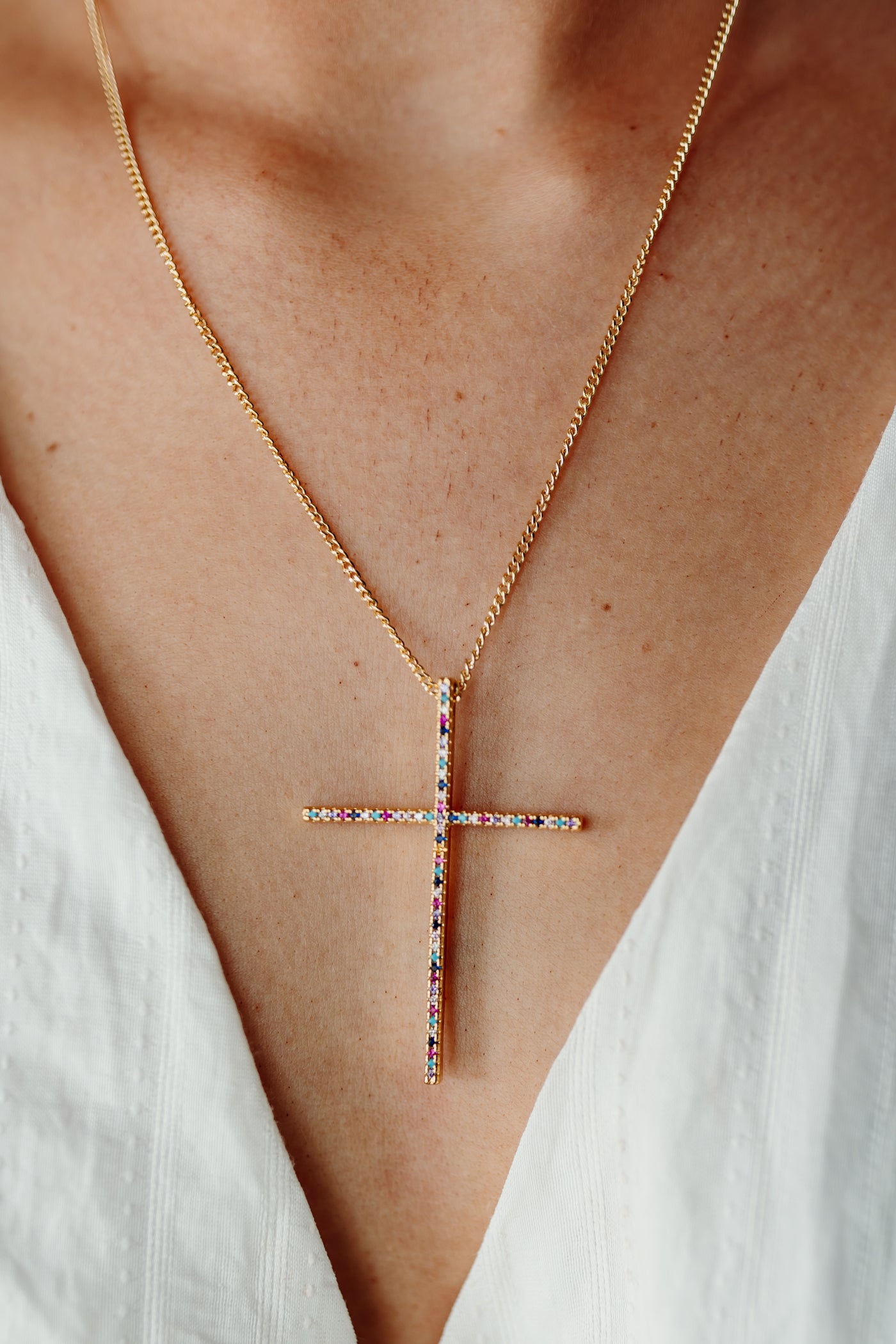 Gold Multicolor Thin CZ Cross Necklace