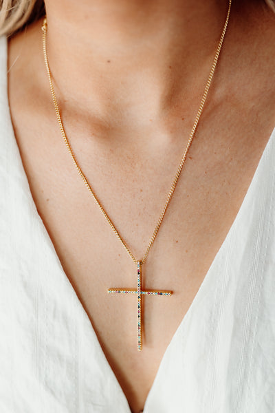 Gold Multicolor Thin CZ Cross Necklace