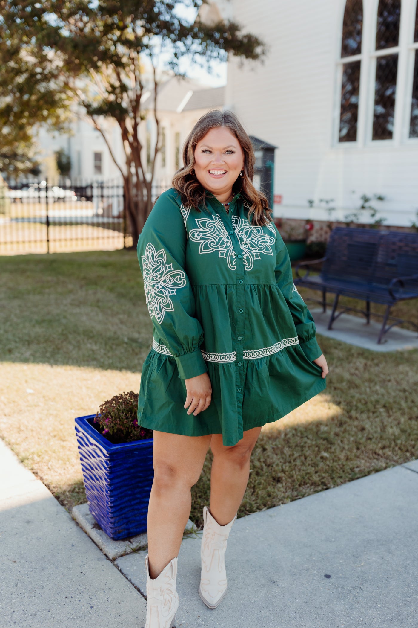 Hunter Green Embroidered Button Down Mini Dress