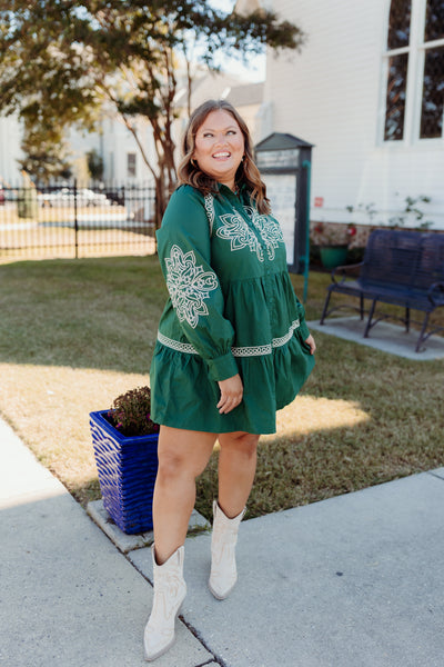 Hunter Green Embroidered Button Down Mini Dress