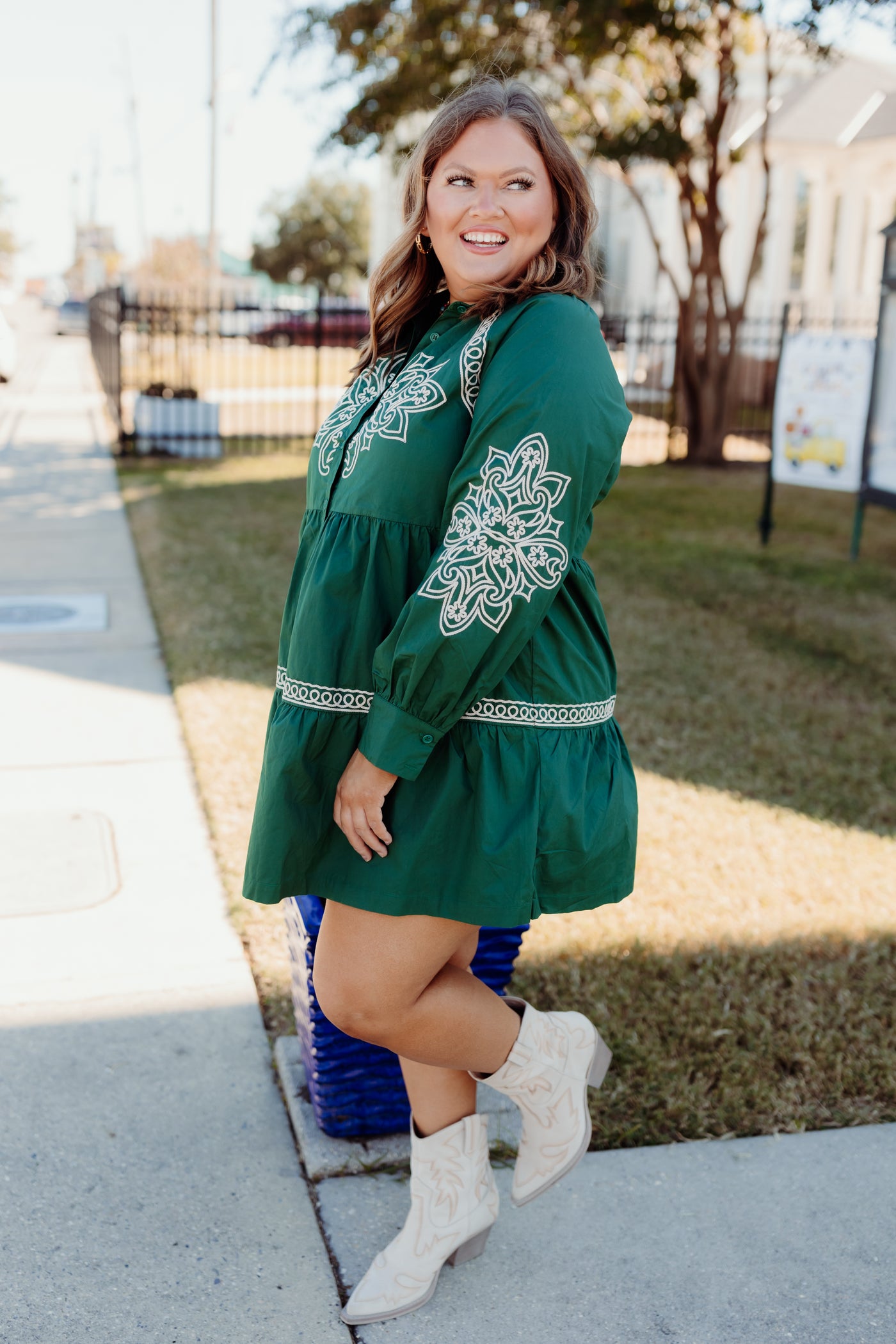 Hunter Green Embroidered Button Down Mini Dress