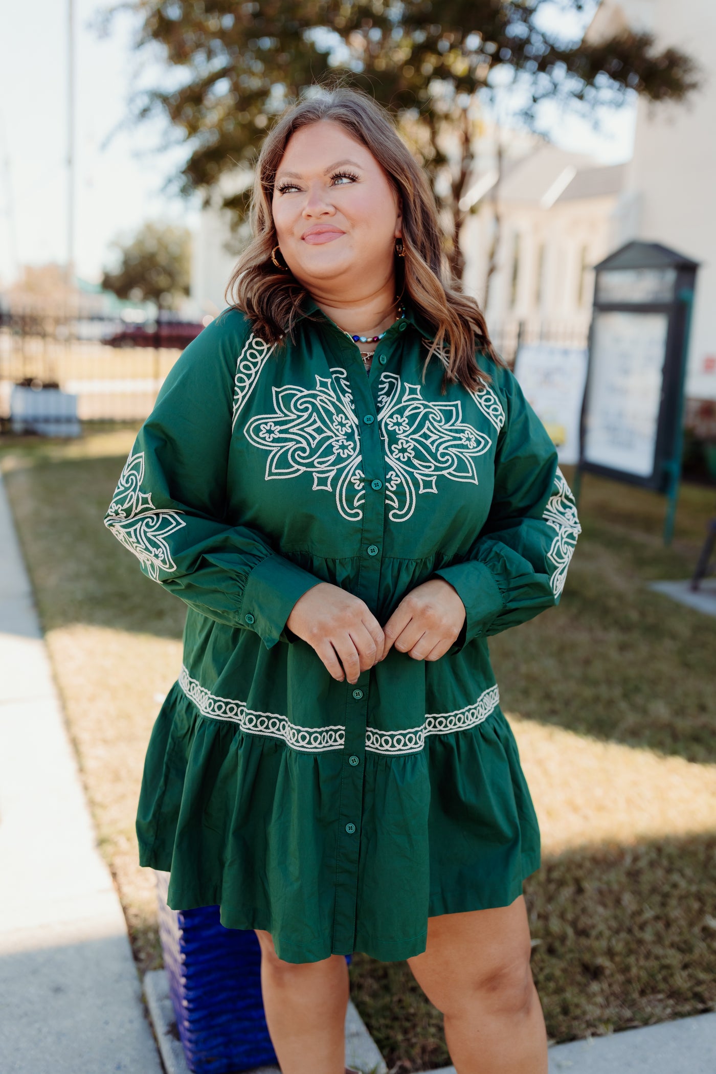 Hunter Green Embroidered Button Down Mini Dress