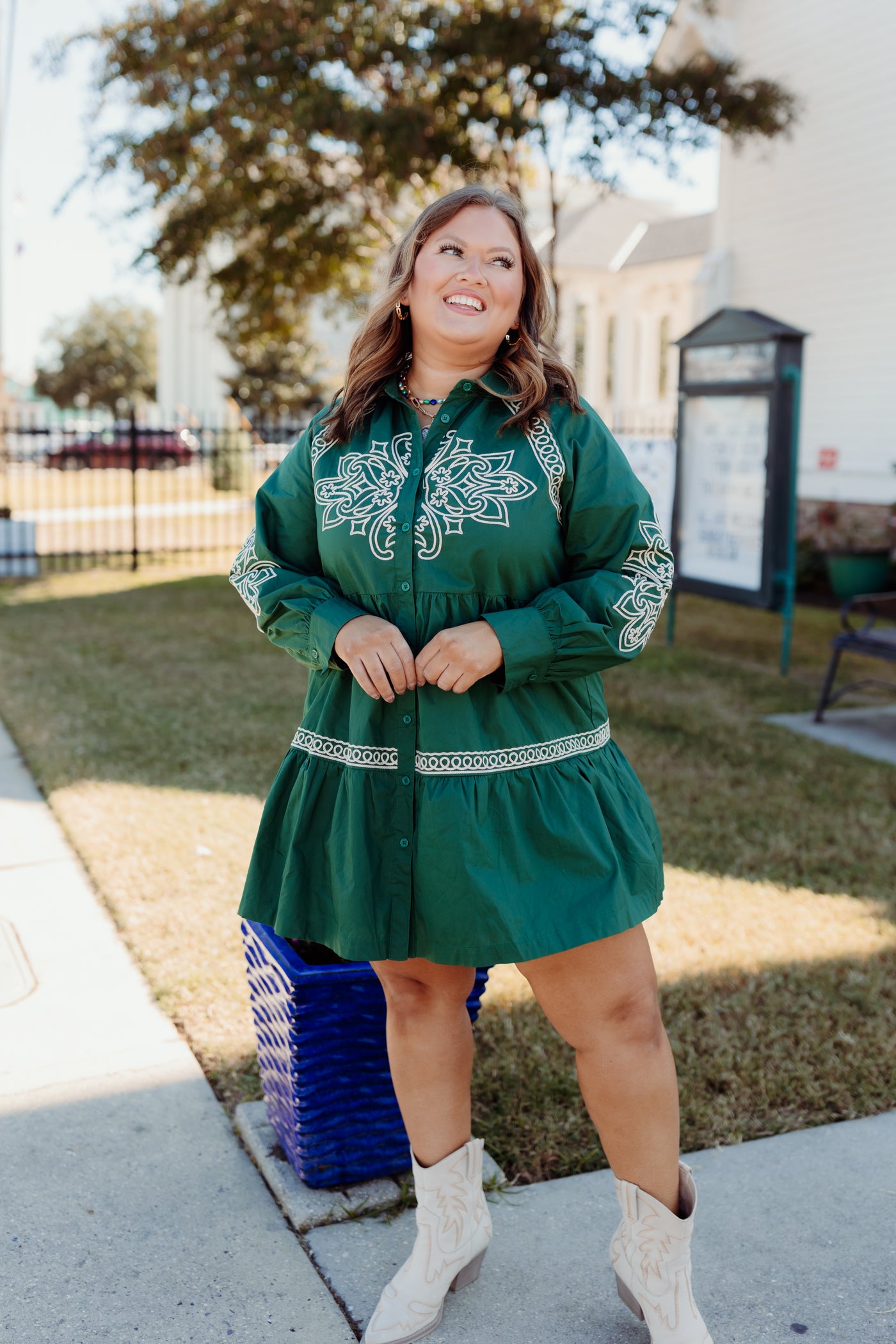 Hunter Green Embroidered Button Down Mini Dress