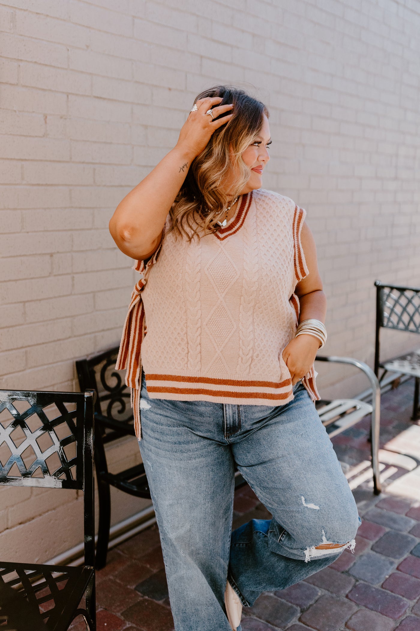 Taupe Dark Amber V-Neck Side Tie Sweater Vest