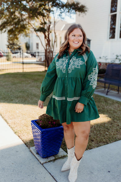 Hunter Green Embroidered Button Down Mini Dress