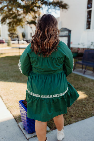 Hunter Green Embroidered Button Down Mini Dress