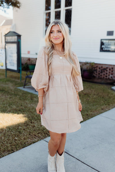 Beige Eyelet Square Neck Puff Sleeve Dress