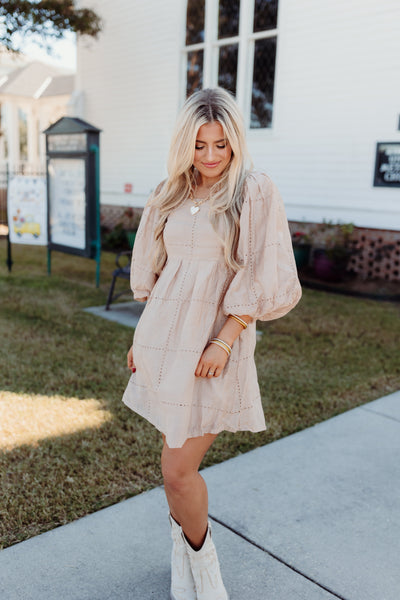 Beige Eyelet Square Neck Puff Sleeve Dress