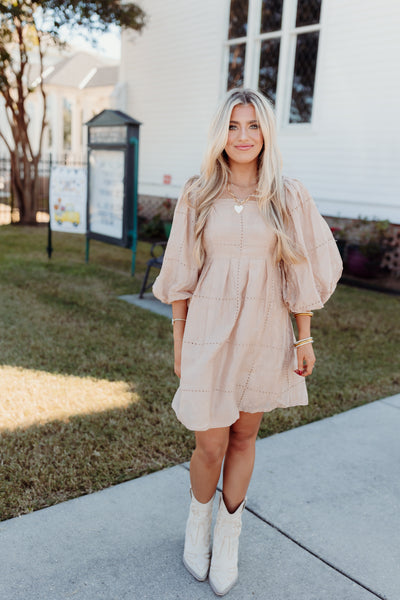 Beige Eyelet Square Neck Puff Sleeve Dress