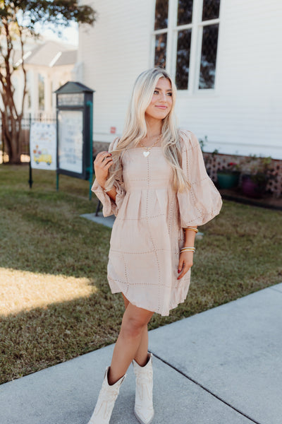 Beige Eyelet Square Neck Puff Sleeve Dress