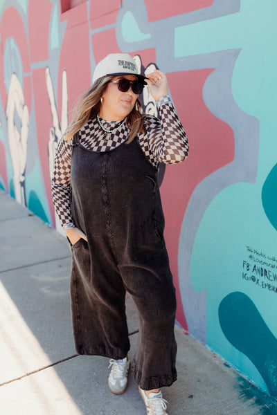 Black Charcoal Vintage Washed Waffle Knit Overalls