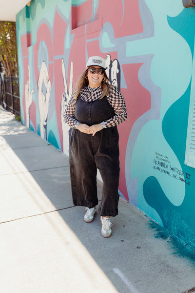 Black Charcoal Vintage Washed Waffle Knit Overalls