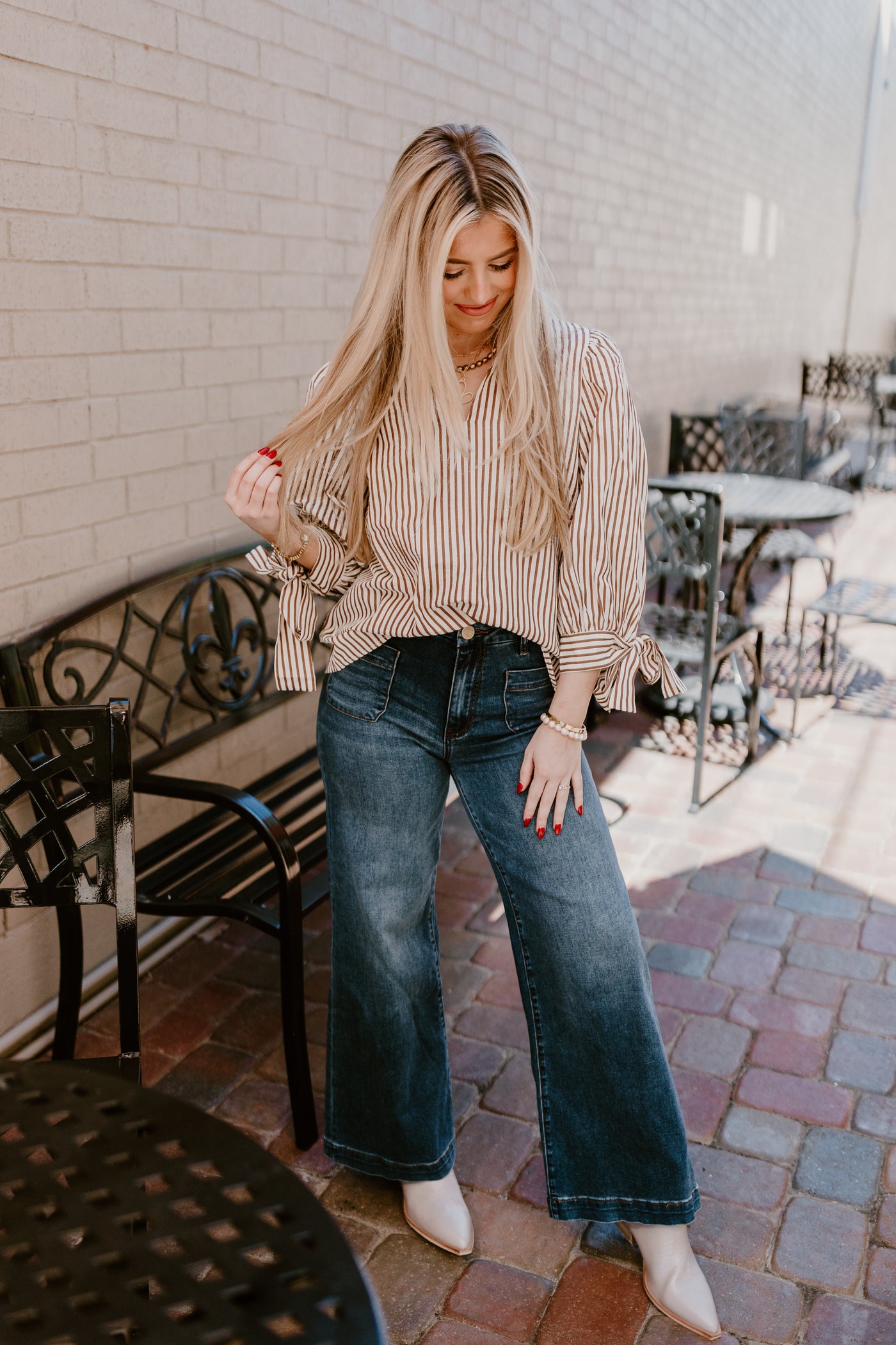 Brown Striped Tie Detail 3/4 Sleeve Top