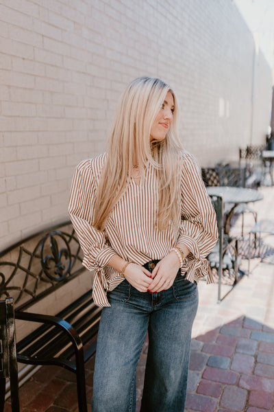 Brown Striped Tie Detail 3/4 Sleeve Top