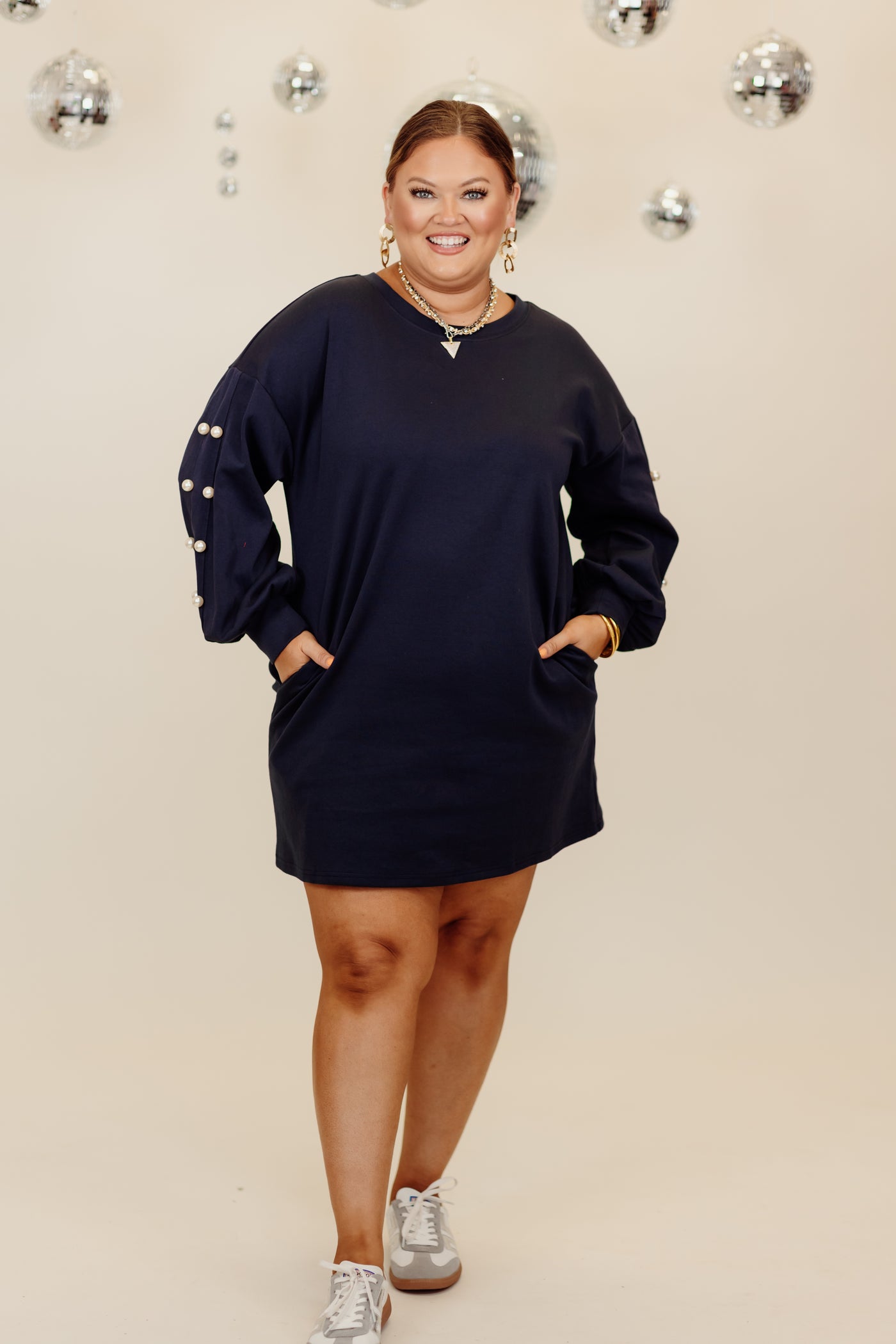 Navy Pearl Detail Round Neck Sweater Dress