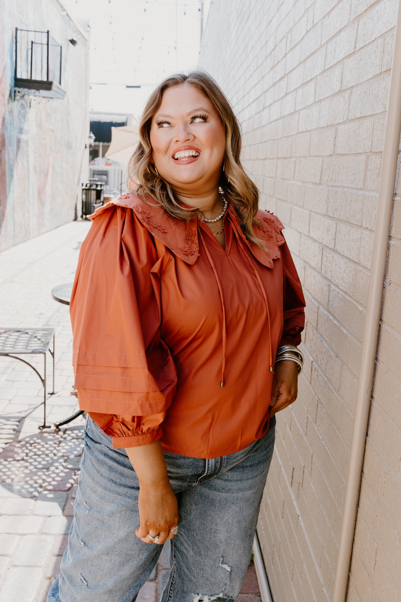 Pumpkin Oversized Scallop Collar 3/4 Sleeve Top