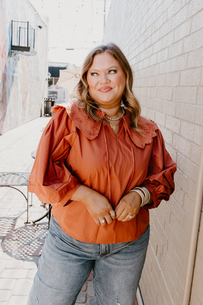 Pumpkin Oversized Scallop Collar 3/4 Sleeve Top