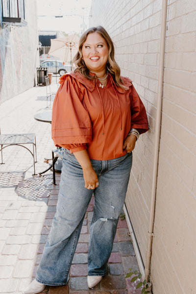 Pumpkin Oversized Scallop Collar 3/4 Sleeve Top