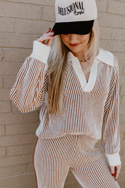 Ivory and Cinnamon Ribbed Sweater and Pant Set