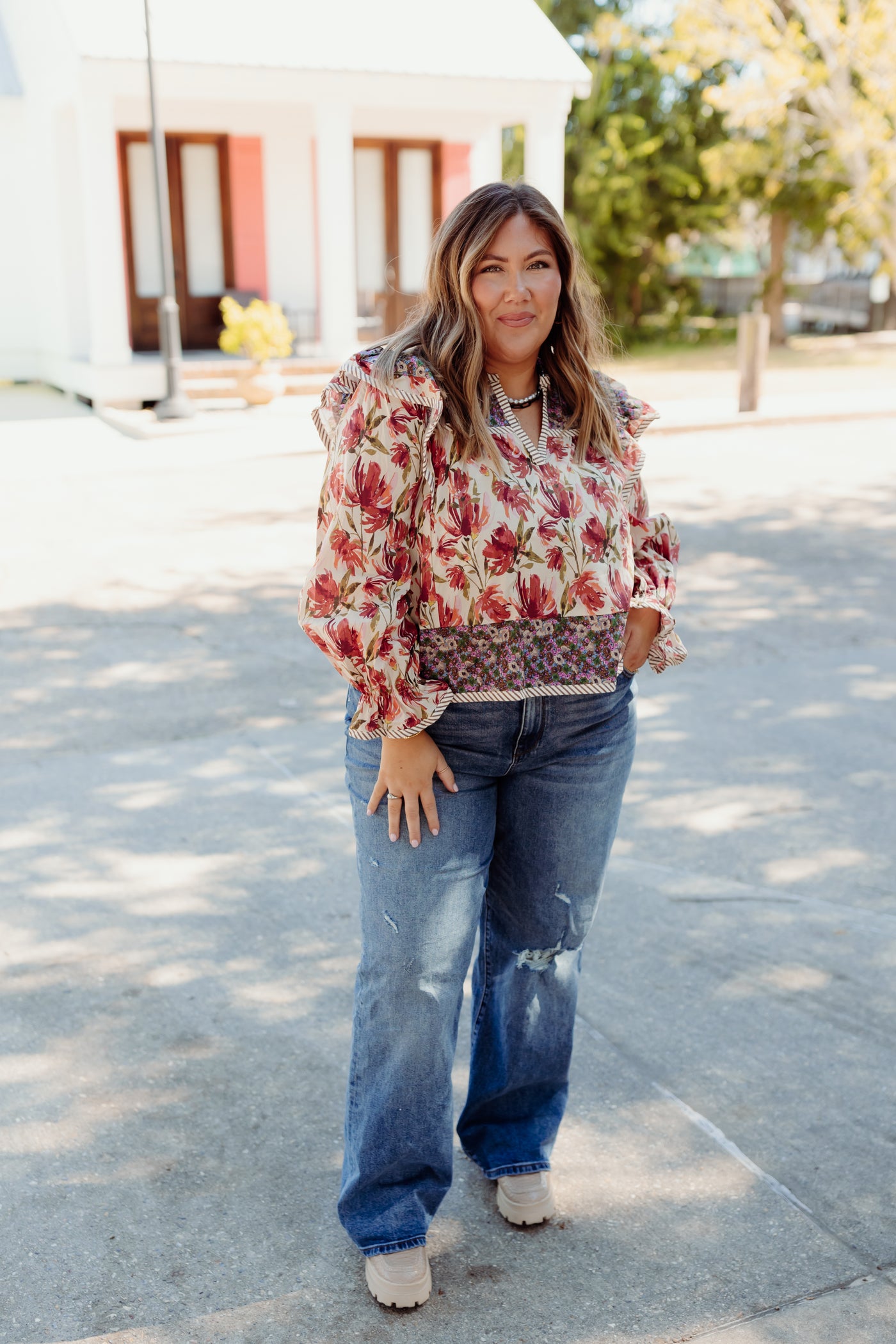 Berry Multi Mix Floral Puff Sleeve Top