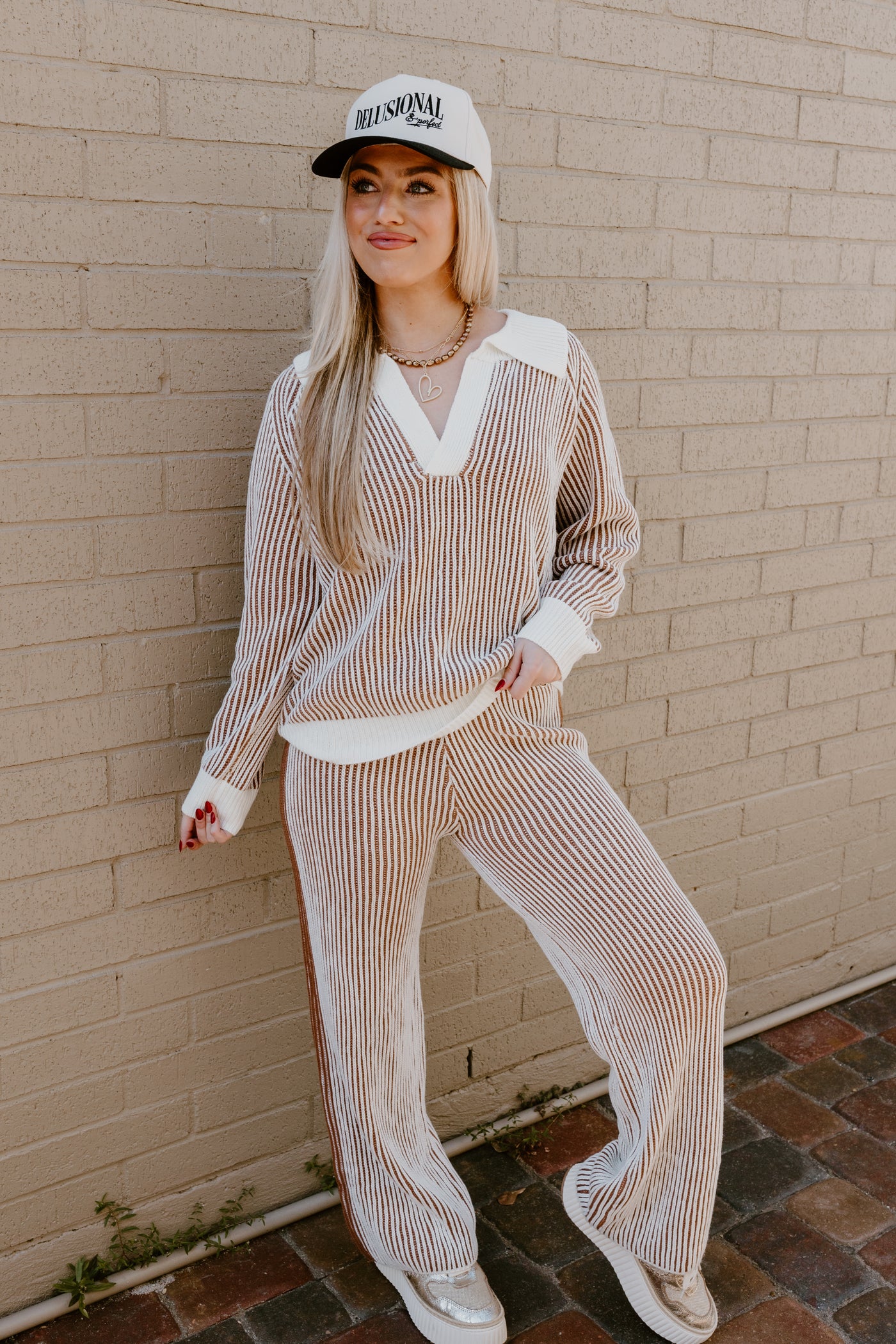 Ivory and Cinnamon Ribbed Sweater and Pant Set