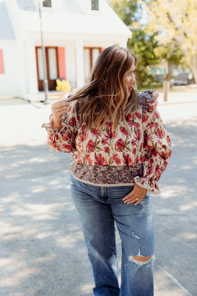 Berry Multi Mix Floral Puff Sleeve Top