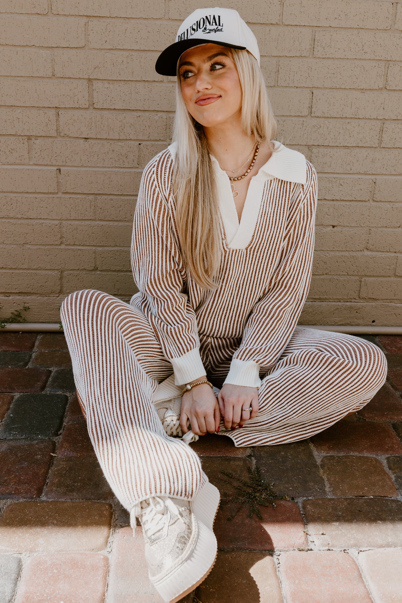 Ivory and Cinnamon Ribbed Sweater and Pant Set