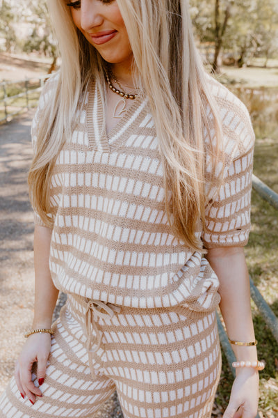 Brown and Cream Knit Sweater Top and Pant Set