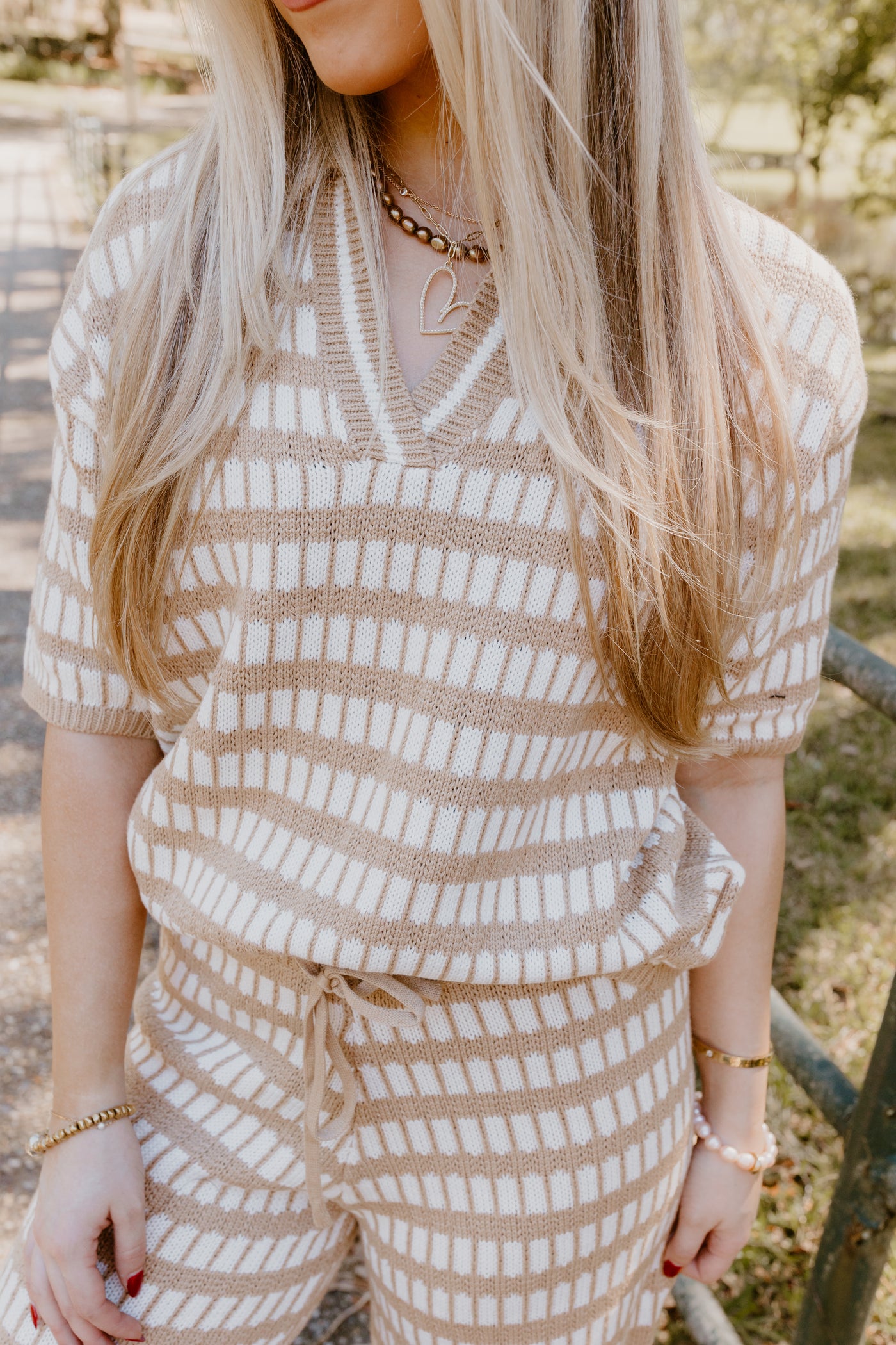 Brown and Cream Knit Sweater Top and Pant Set