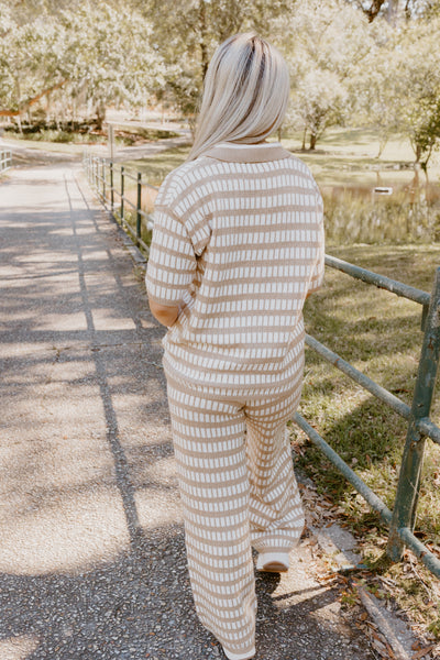 Brown and Cream Knit Sweater Top and Pant Set