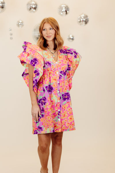 Karlie Purple Floral Garden V-Neck Ruffle Button Dress