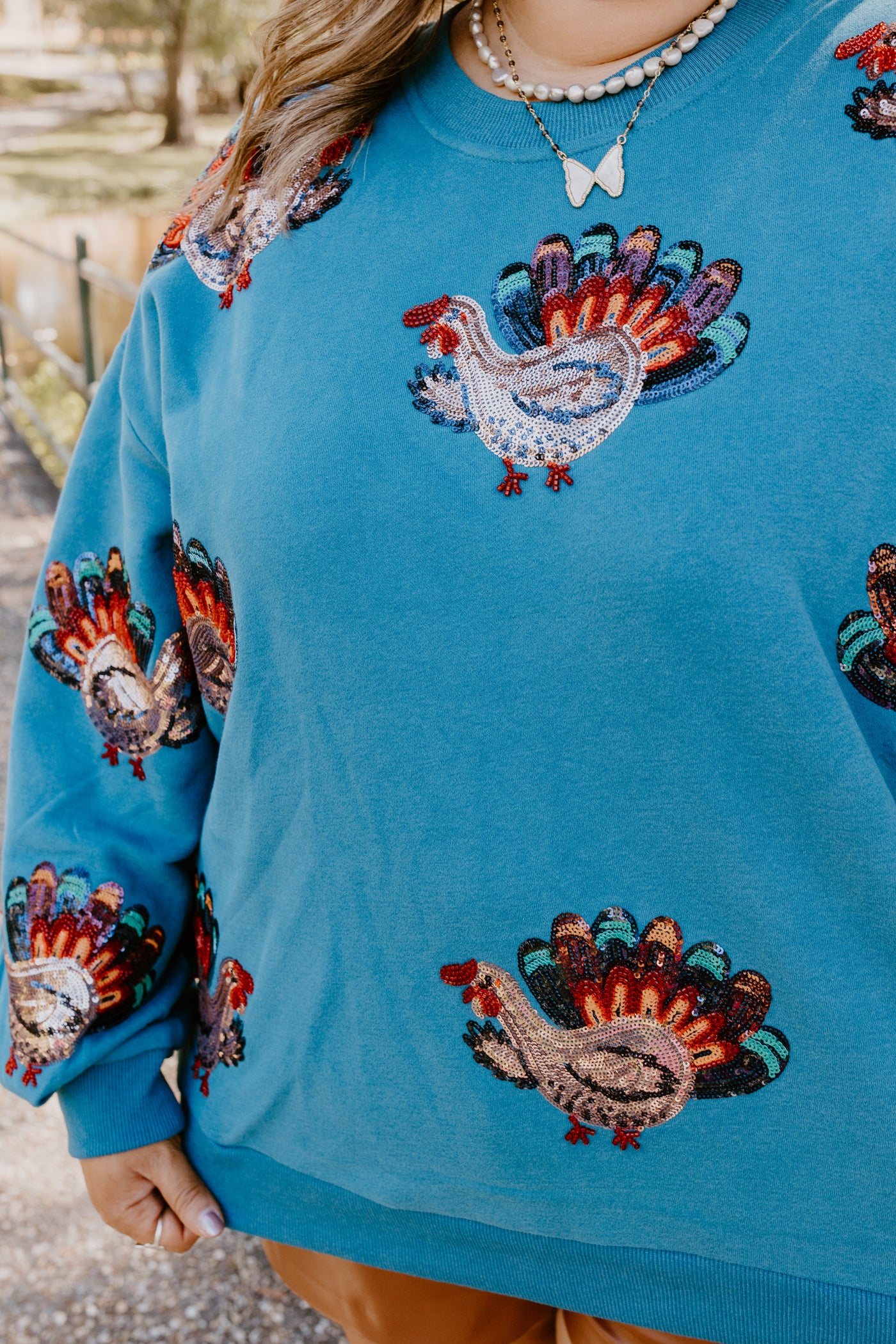 Queen of Sparkles Dark Teal Beaded Turkeys All Over Sweatshirt