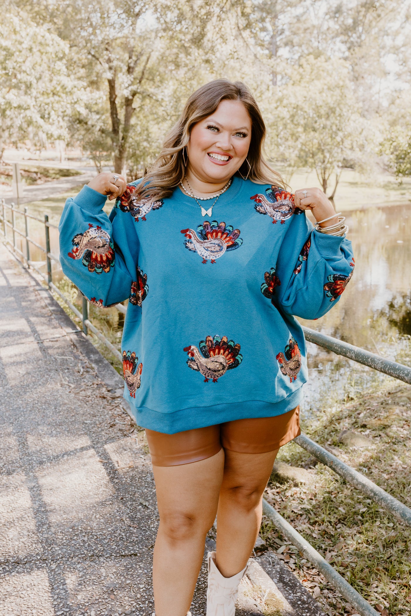 Queen of Sparkles Dark Teal Beaded Turkeys All Over Sweatshirt