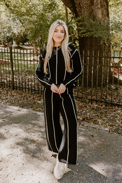 Black and Cream Striped Sweater and Pant Set