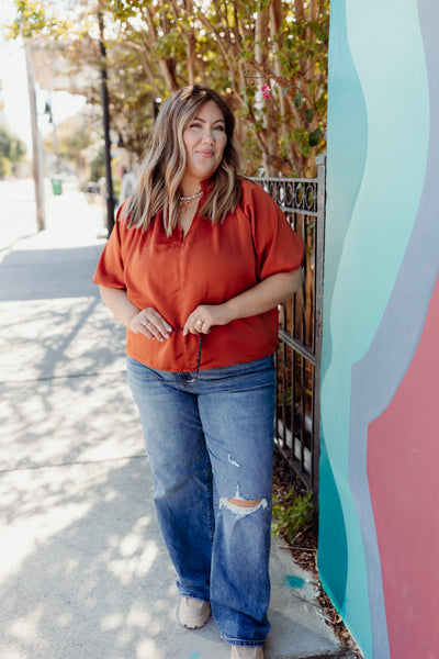 Rust Notch Neck Balloon Sleeve Blouse