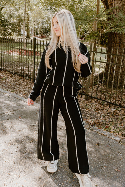 Black and Cream Striped Sweater and Pant Set