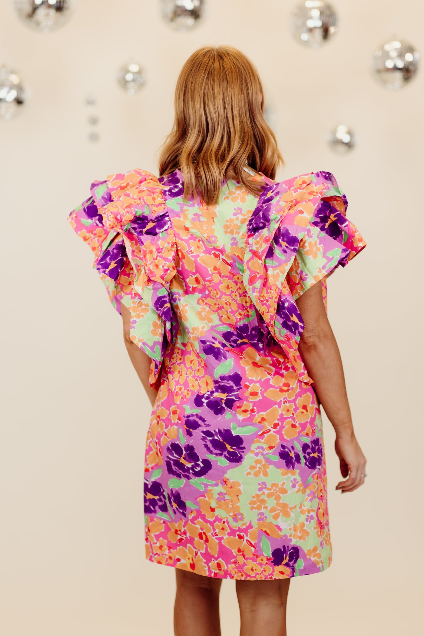 Karlie Purple Floral Garden V-Neck Ruffle Button Dress